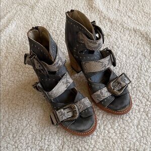 Stylish Freebird Gray and Tan Women's Heeled Sandals Worn once for  a wedding